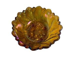 Vintage Carnival Glass by Indiana Glass Co. Amber Wild Rose Serving Bowl